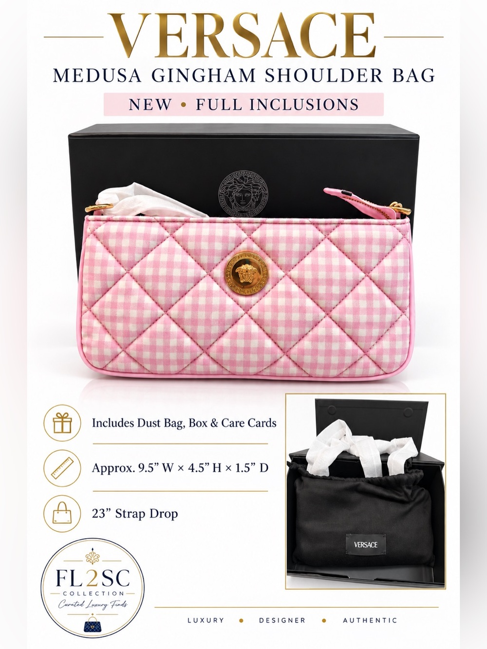 Versace Pink Gingham Quilted Shoulder Bag with Gold Medusa